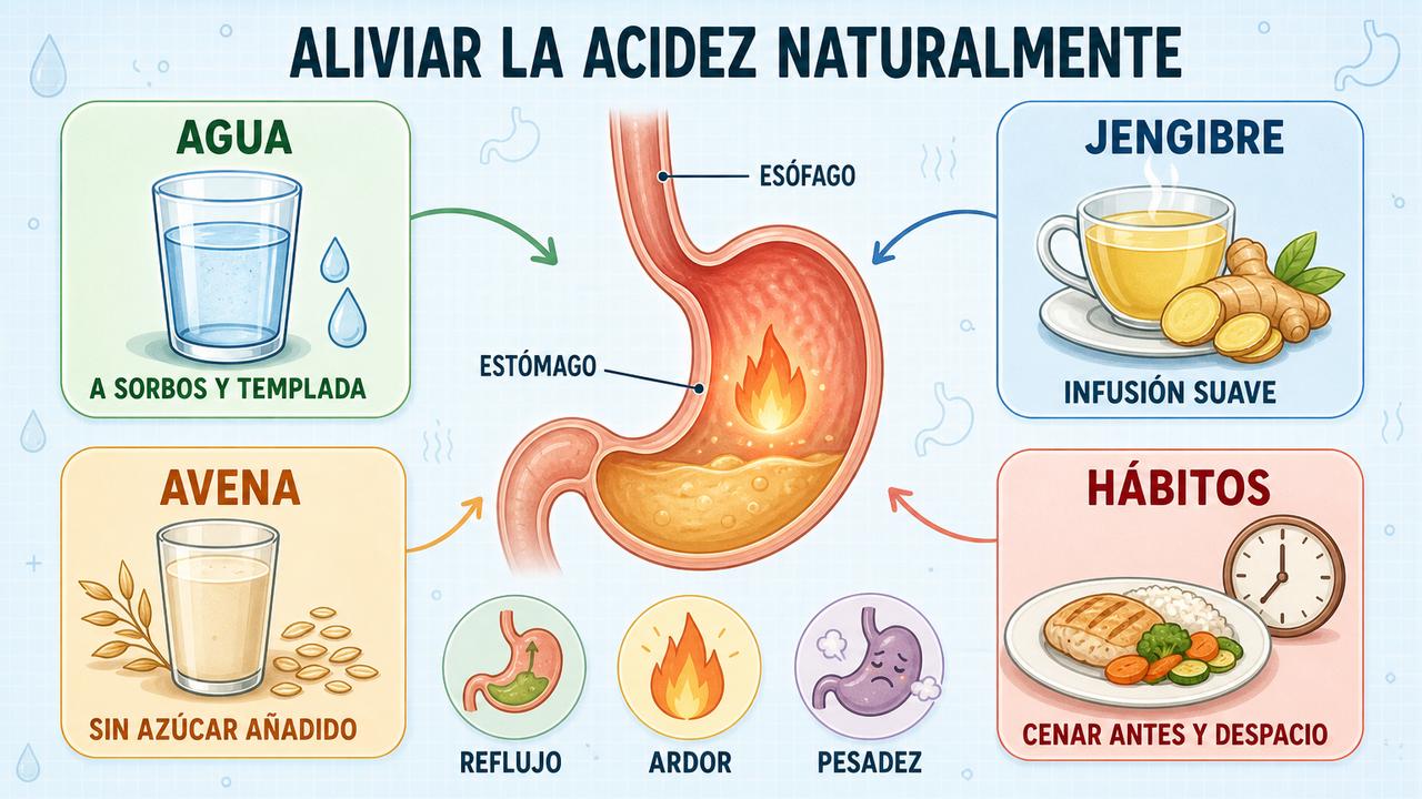 Cuatro claves frente al ardor: agua, jengibre, avena y hábitos.