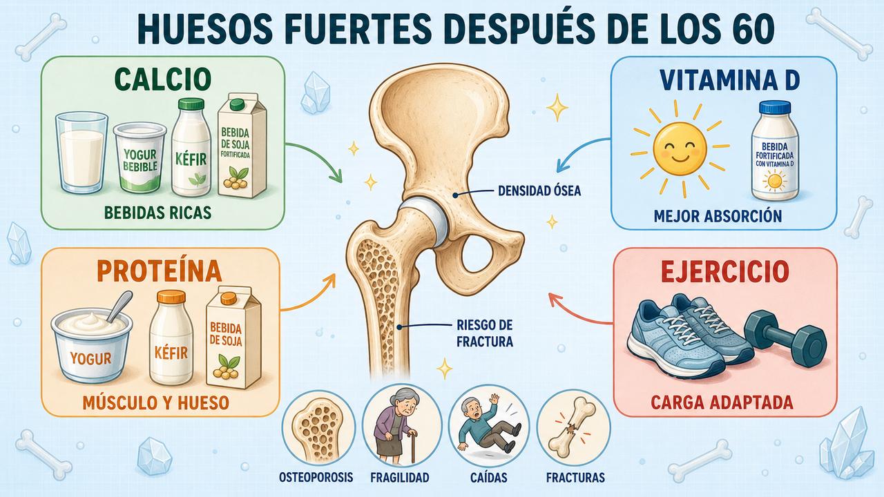 Calcio, vitamina D, proteína y ejercicio sostienen unos huesos fuertes y estables.