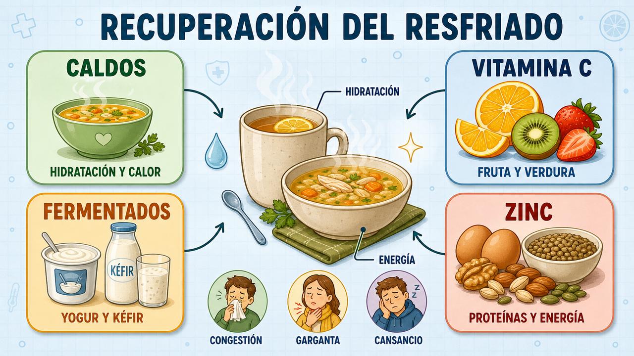Cuatro apoyos nutricionales clave durante el resfriado, hidratación, vitamina C, fermentados y zinc.
