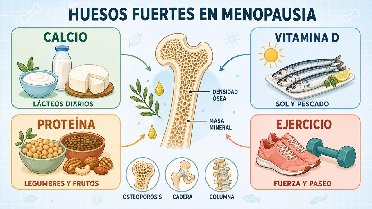 Calcio, vitamina D, proteína y ejercicio sostienen la salud ósea.