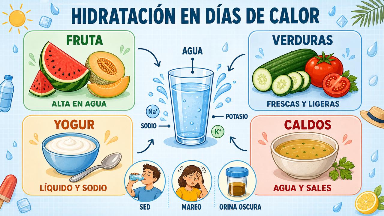 Fruta, verduras, yogur y caldos apoyan la hidratación y los electrolitos.