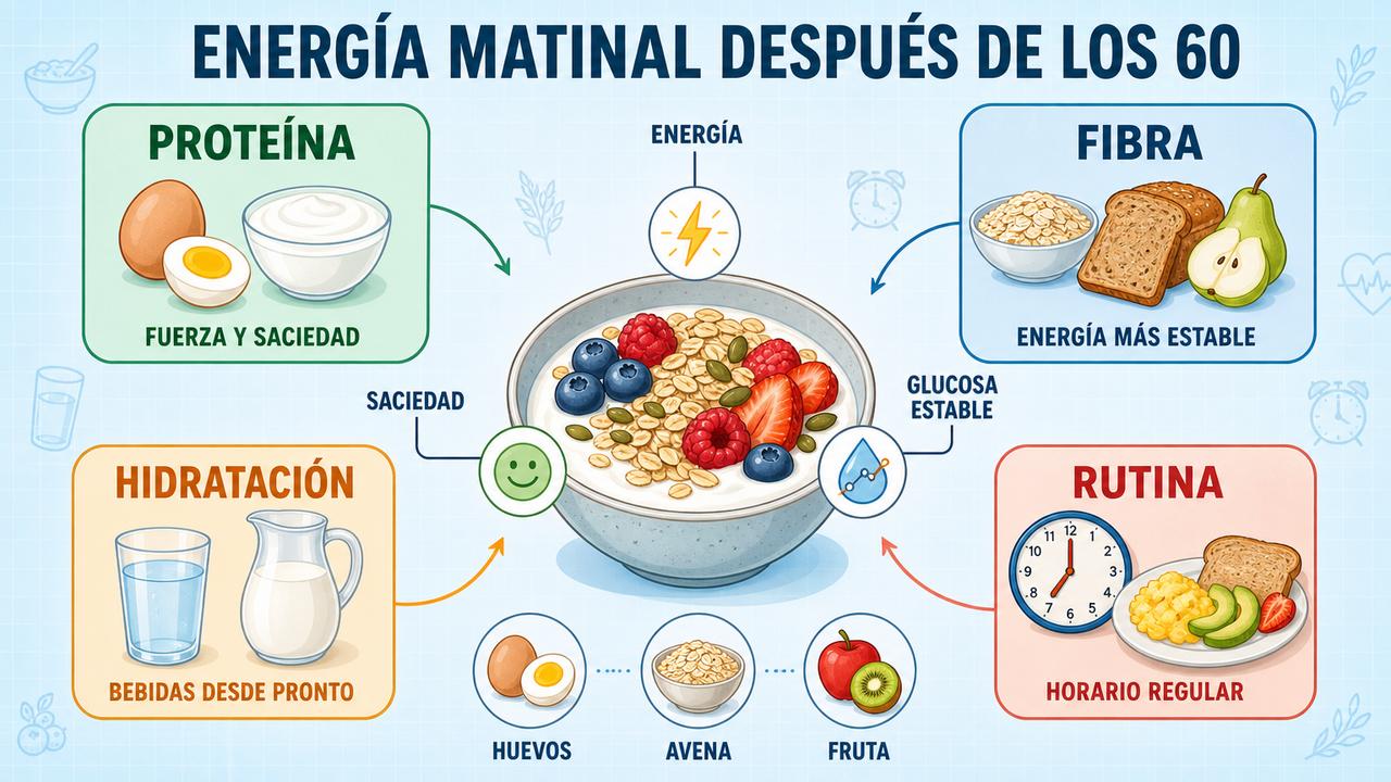 Proteína, fibra, hidratación y rutina sostienen mejor la energía después de los 60.