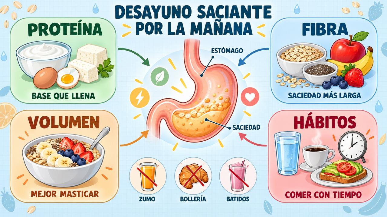 Proteína, fibra, volumen y hábitos matinales mejoran la saciedad del desayuno.