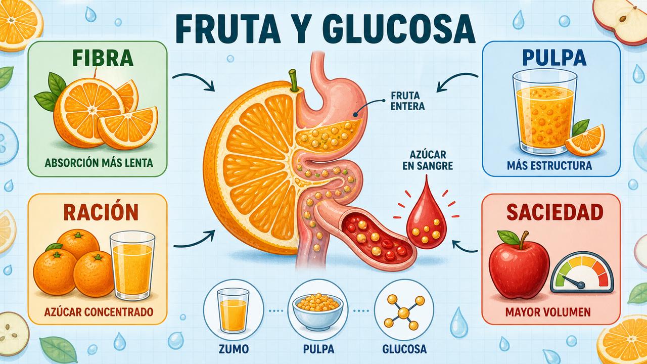 Fibra, pulpa, ración y saciedad explican el impacto glucémico de la fruta.