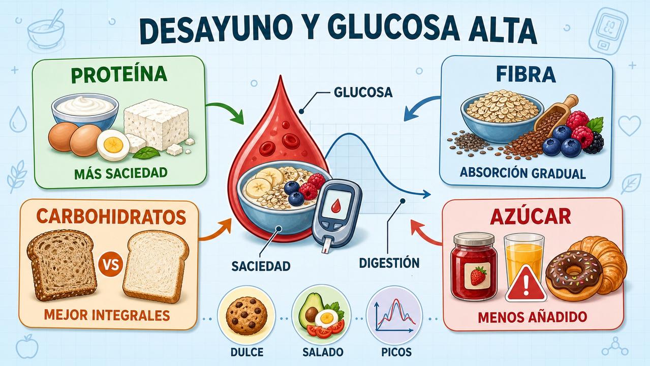 Proteína, fibra, carbohidratos y azúcar marcan la respuesta glucémica del desayuno.