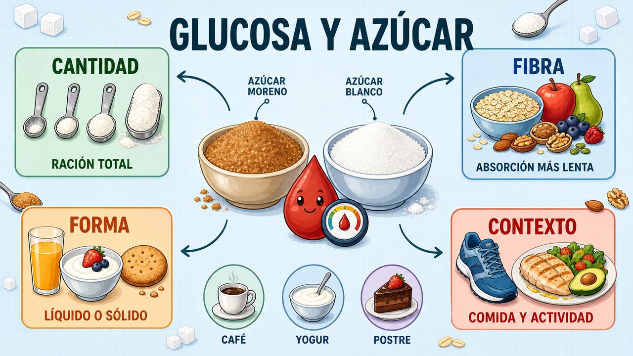 Cantidad, fibra, forma y contexto modifican más la glucosa posprandial.