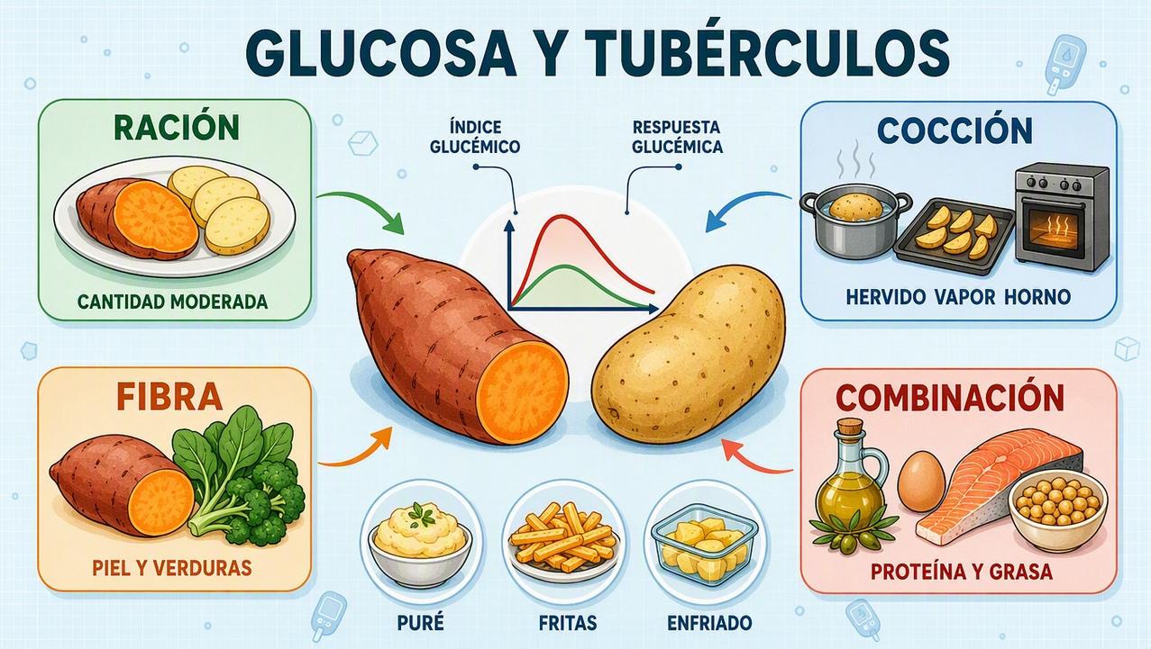 Ración, cocción, fibra y combinación del plato modulan el impacto glucémico.