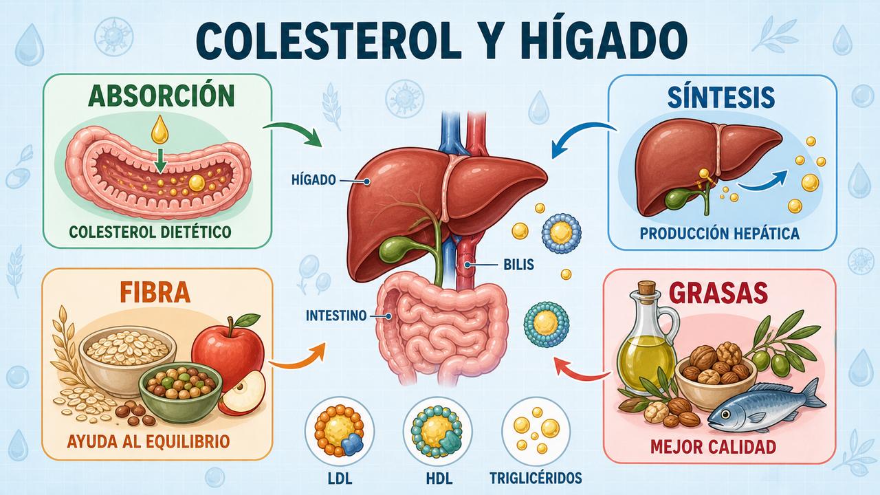 Absorción, síntesis, fibra y calidad de grasas modulan el perfil lipídico.