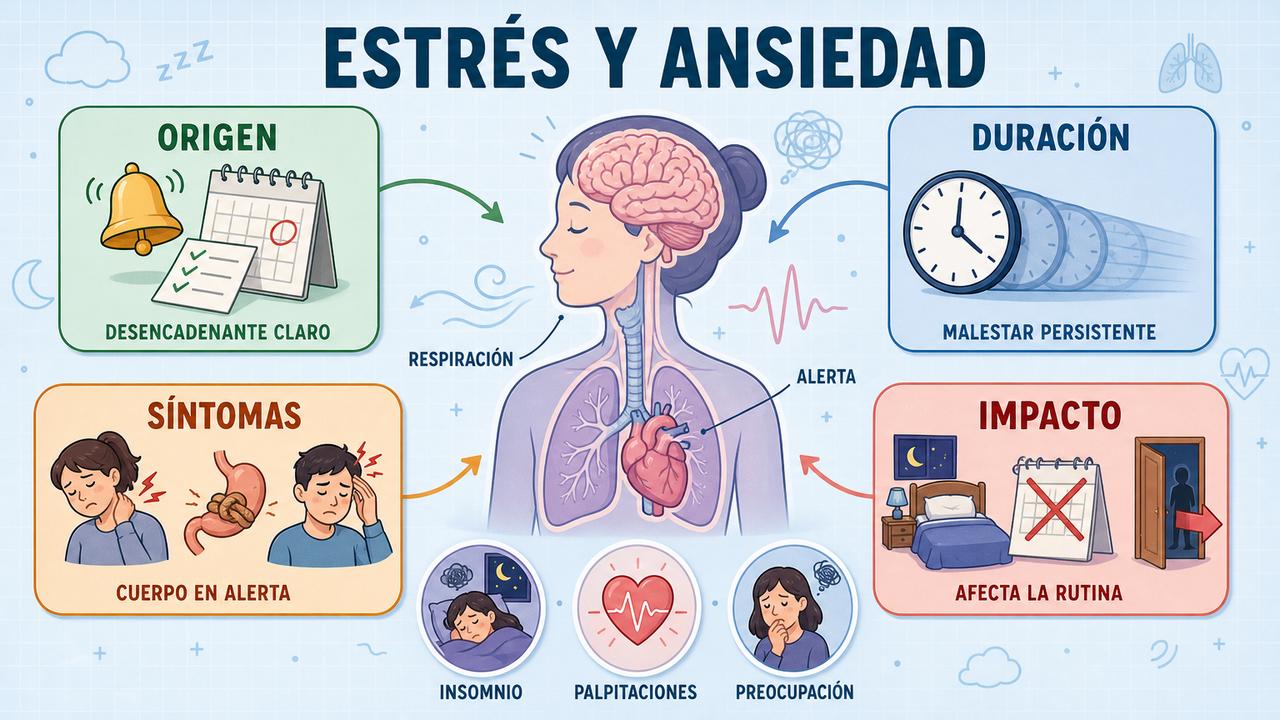 Origen, duración, síntomas e impacto ayudan a distinguir estrés y ansiedad.
