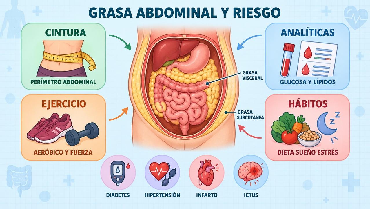 Cintura, analíticas, ejercicio y hábitos ayudan a valorar la grasa abdominal.
