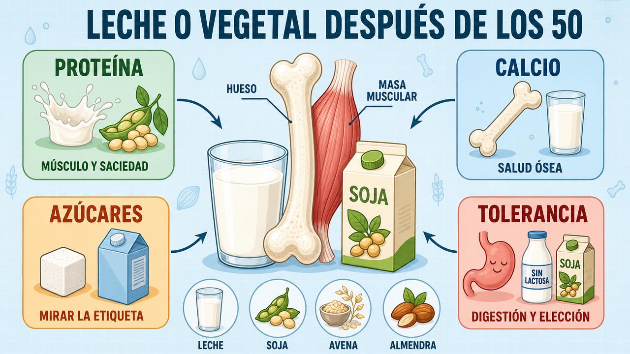 Proteína, calcio, azúcares y tolerancia orientan la elección entre leche y vegetal.