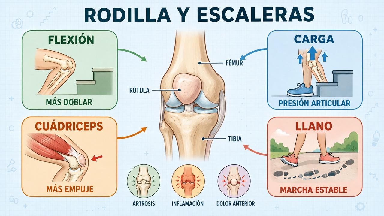 Flexión, carga, cuádriceps y marcha estable explican el dolor al subir.