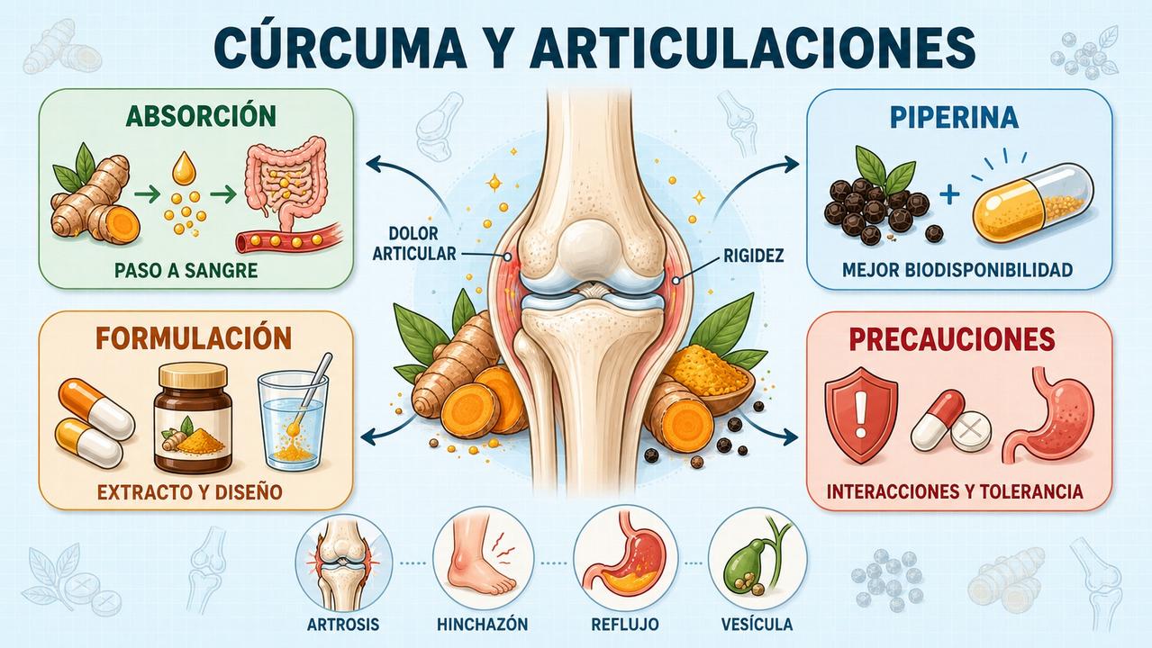 Absorción, formulación y precauciones al comparar cúrcuma sola o con pimienta negra.