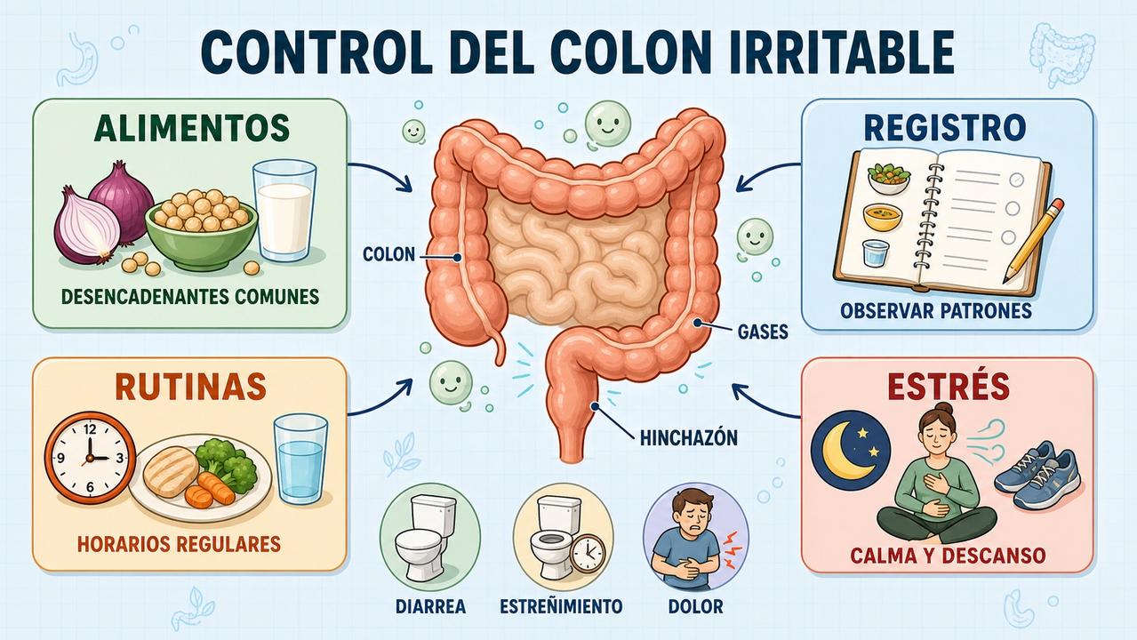 Alimentos, registro, rutinas y estrés influyen en el control del colon irritable.