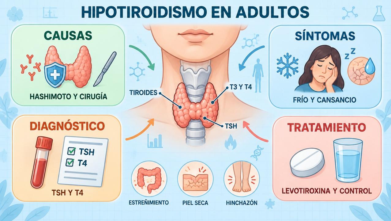 Causas, síntomas, diagnóstico y tratamiento clave del hipotiroidismo en adultos.