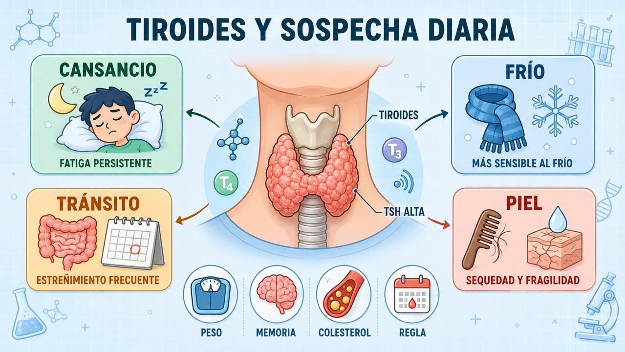 Cansancio, frío, estreñimiento y piel seca orientan la sospecha tiroidea.