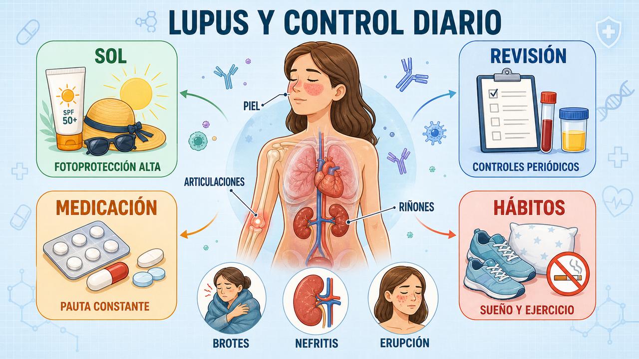 Fotoprotección, revisiones, medicación y hábitos saludables apoyan el control del lupus.