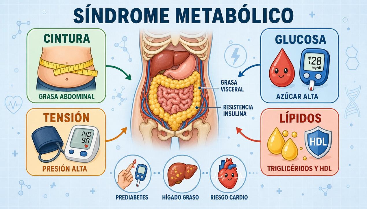 Cintura, glucosa, tensión y lípidos resumen los pilares del síndrome metabólico.
