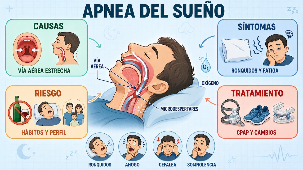 Causas, síntomas, riesgos y tratamiento básico de la apnea del sueño.
