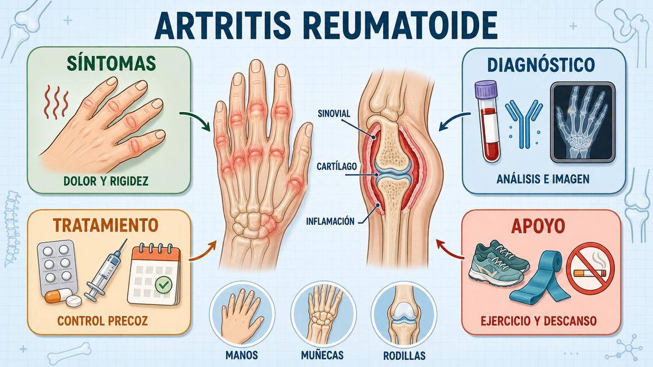 Síntomas, diagnóstico, tratamiento y apoyo diario en la artritis reumatoide.
