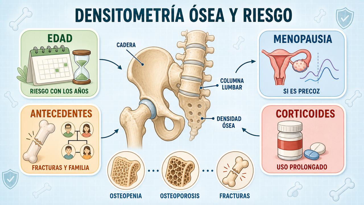 Edad, menopausia, antecedentes y corticoides orientan cuándo pedir una densitometría.