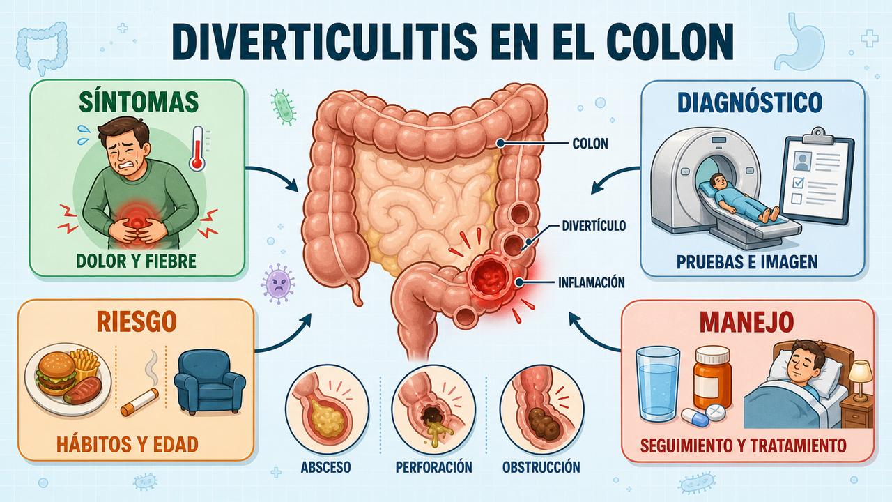 Síntomas, diagnóstico, riesgo y manejo resumen las claves de la diverticulitis.