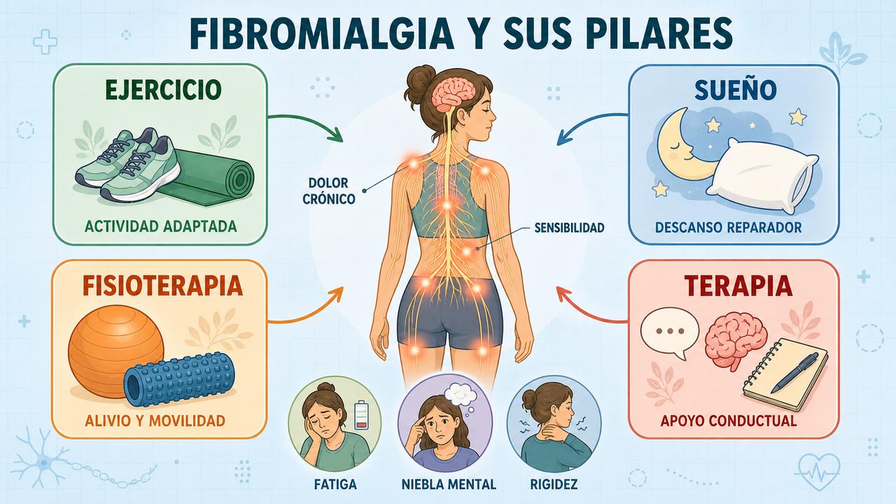 Ejercicio, sueño, fisioterapia y terapia forman pilares clave del abordaje.