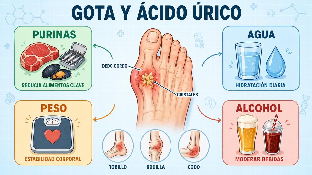 Purinas, hidratación, peso y alcohol influyen en los brotes de gota.