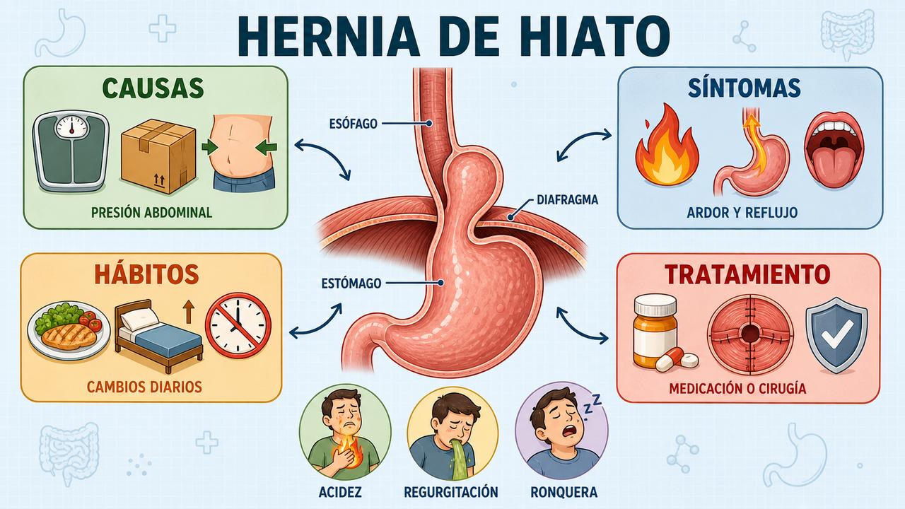 Causas, síntomas, hábitos y tratamiento clave en la hernia de hiato.