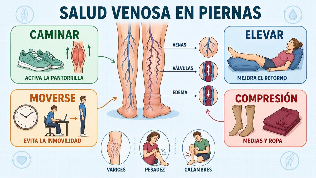 Caminar, elevar piernas, moverse y compresión ayudan a aliviar síntomas venosos.