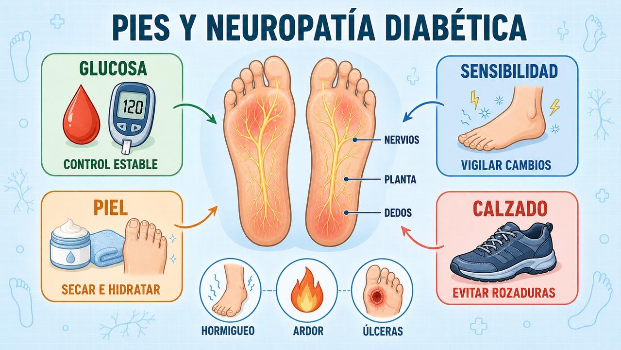 Control glucémico, sensibilidad, cuidado cutáneo y calzado ayudan a proteger el pie.