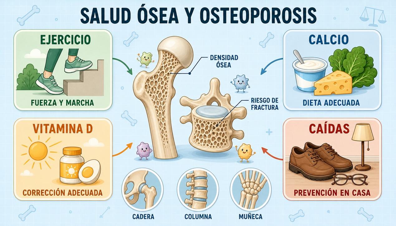 Ejercicio, calcio, vitamina D y prevención de caídas protegen la salud ósea.