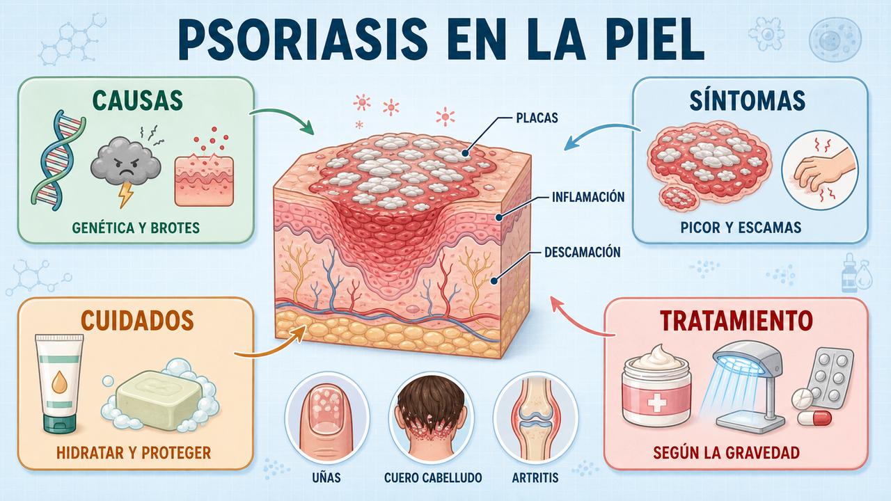 Causas, síntomas, cuidados y tratamiento de la psoriasis resumidos visualmente.