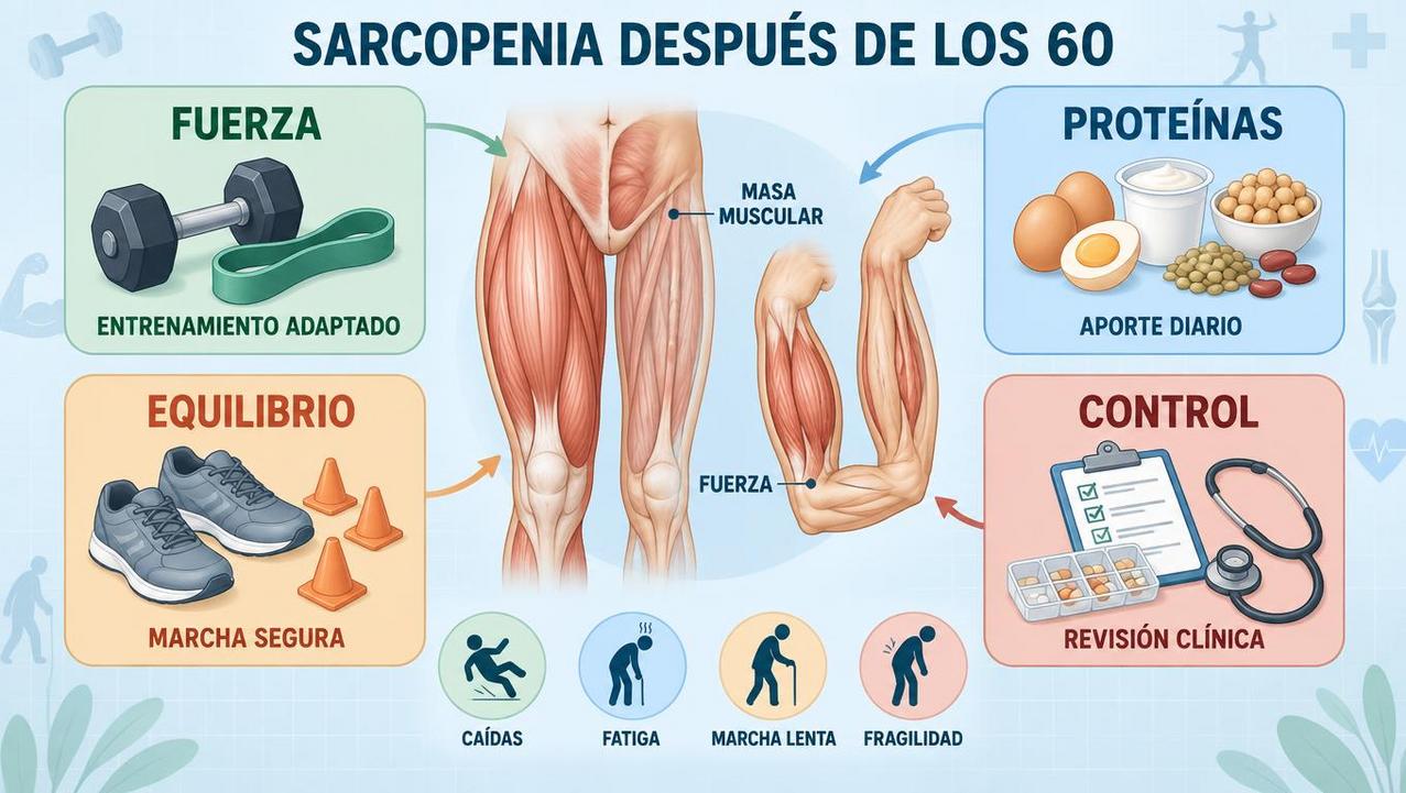 Fuerza, proteínas, equilibrio y control clínico ayudan a frenar la sarcopenia.