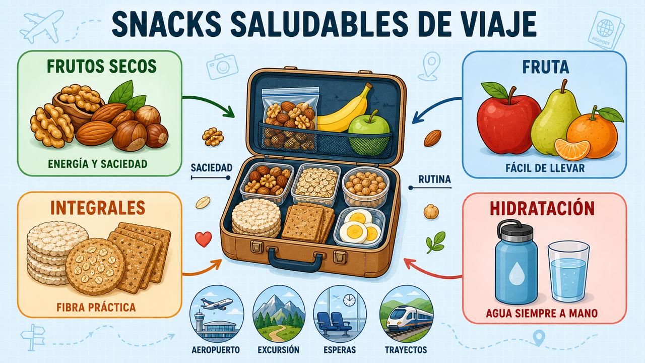 Frutos secos, fruta, integrales e hidratación sostienen la rutina alimentaria fuera de casa.