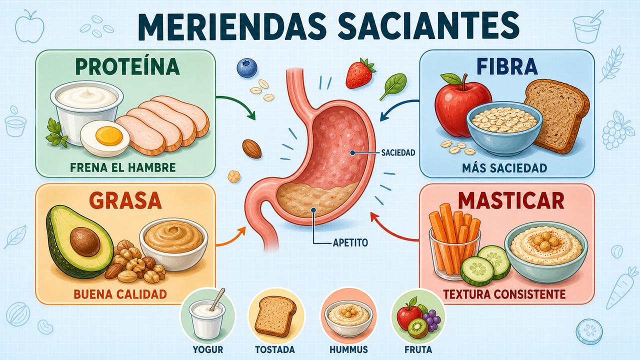 Proteína, fibra, grasa saludable y masticación mejoran la saciedad entre comidas.