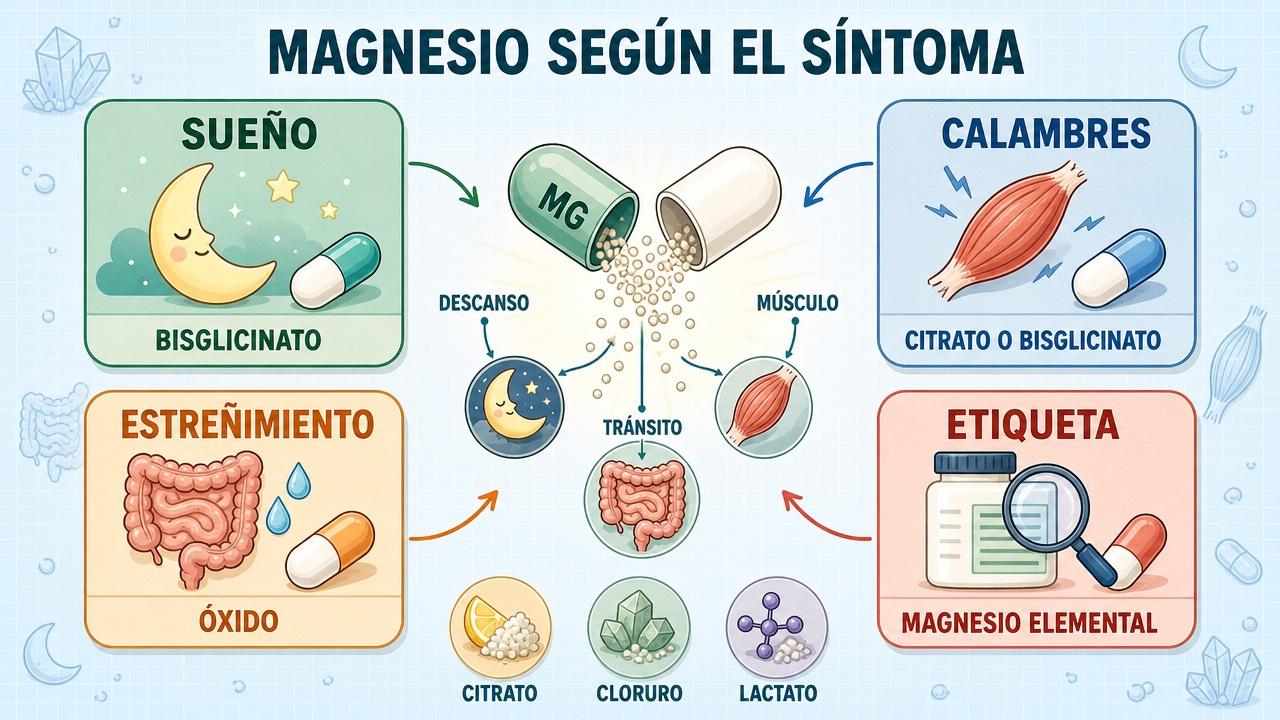 Sueño, calambres, estreñimiento y etiqueta guían la elección del magnesio.