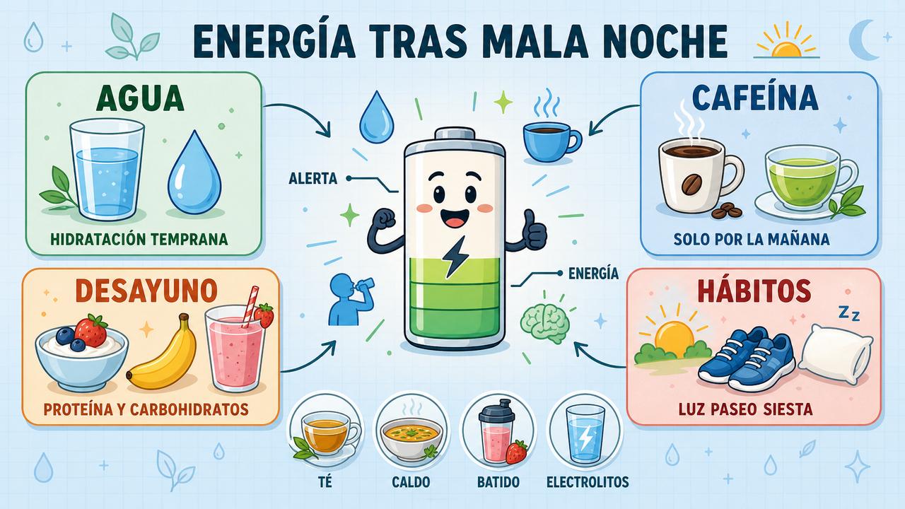 Hidratación, cafeína temprana, desayuno equilibrado y hábitos sostienen mejor la energía.