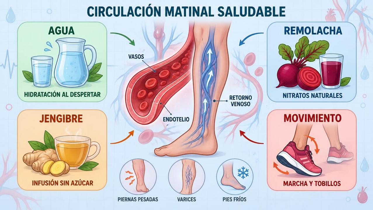 Hidratación, remolacha, jengibre y movimiento apoyan la circulación matinal diaria.