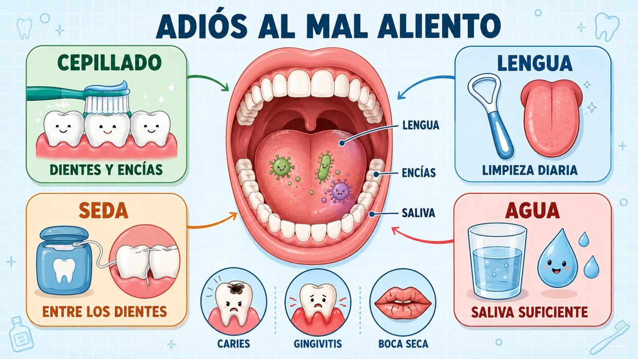 Cepillado, lengua, seda dental y agua ayudan a controlar la halitosis.