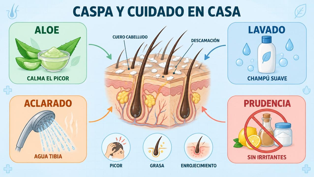 Aloe, champú suave, agua tibia y prudencia para cuidar la caspa.