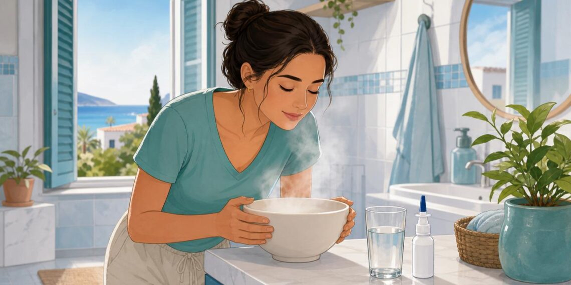 Vapor templado y suero salino pueden aliviar la congestión nasal en casa.
