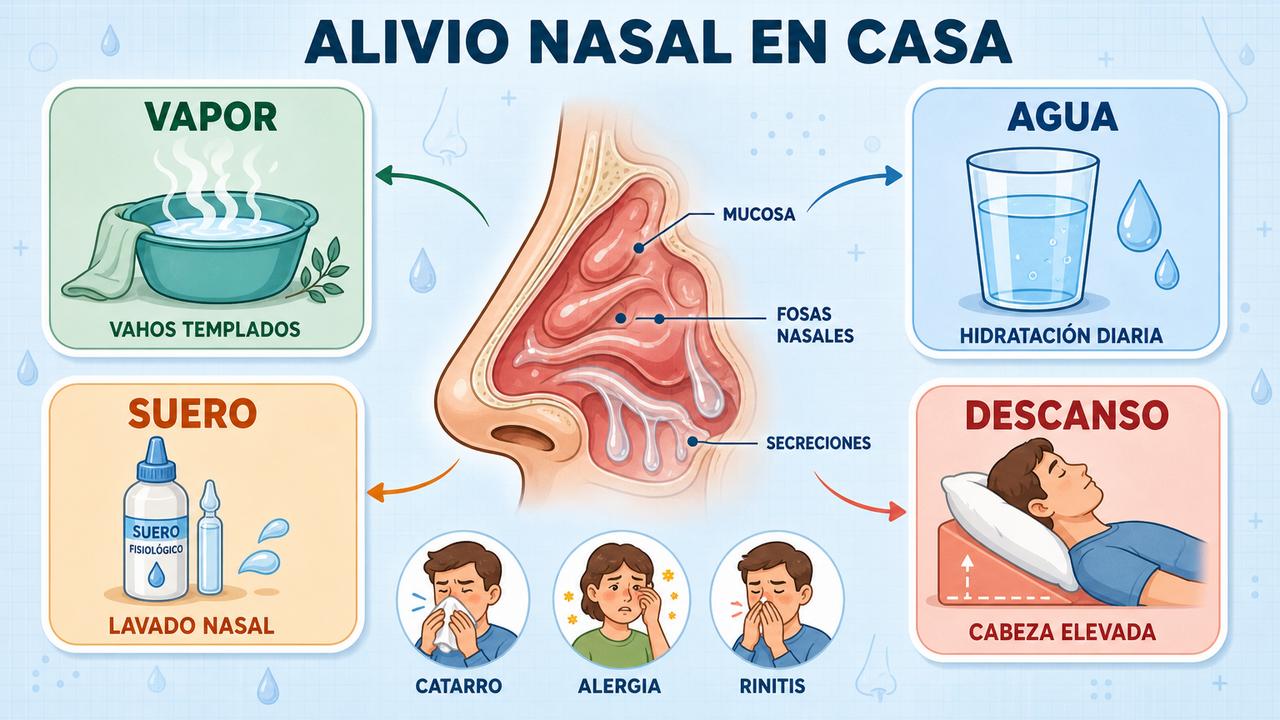 Vapor, hidratación, suero y descanso ayudan a respirar mejor con congestión.