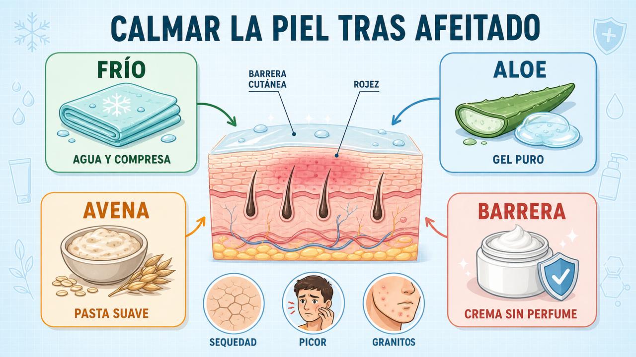 Frío, aloe, avena y barrera cutánea para aliviar el escozor.