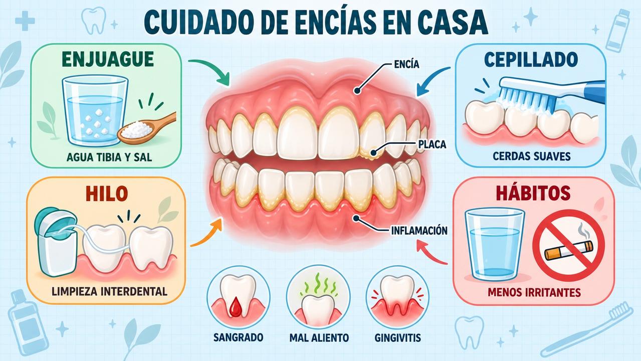 Enjuague, cepillado, hilo dental y hábitos suaves protegen la salud gingival.