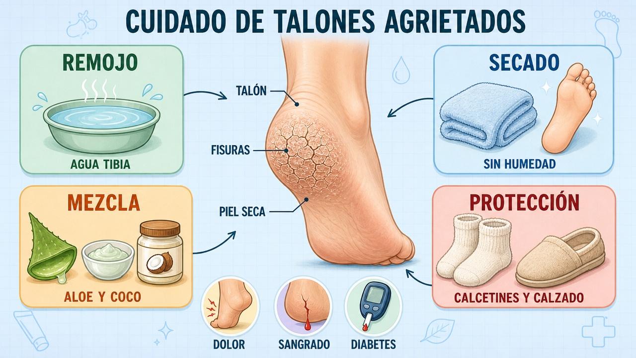 Remojo, secado, mezcla oclusiva y protección diaria para cuidar los talones.