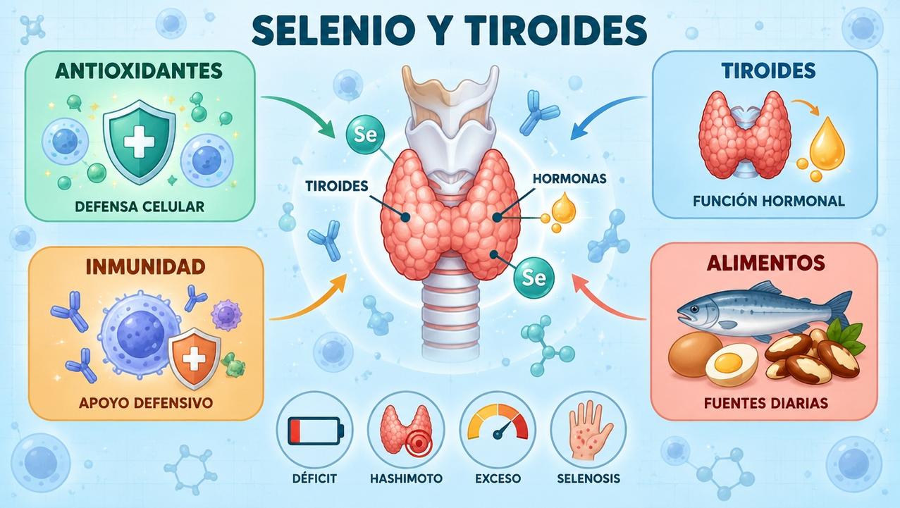 Antioxidantes, tiroides, inmunidad y alimentos resumen las funciones clave del selenio.