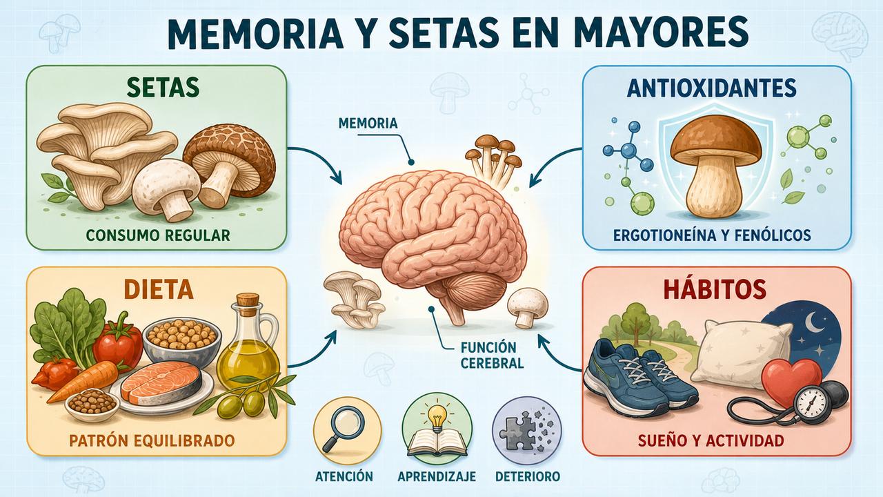 Setas, antioxidantes, dieta y hábitos saludables sostienen la función cognitiva en mayores.