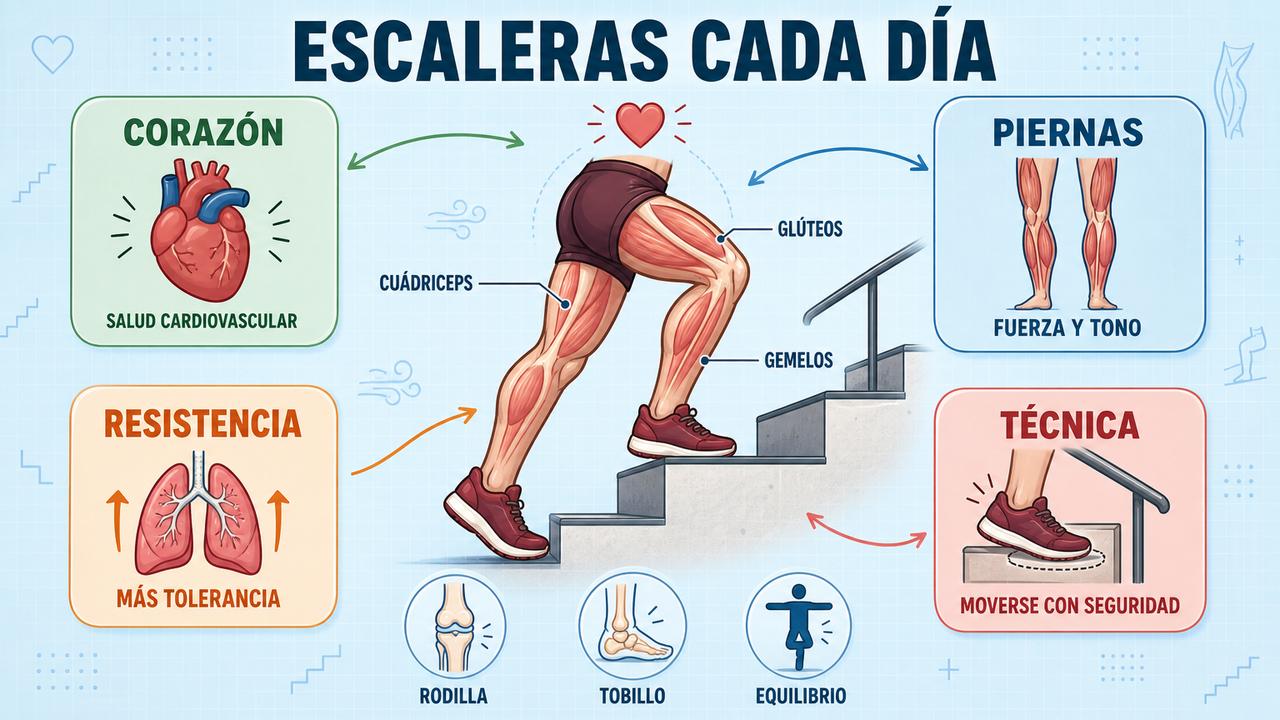 Corazón, piernas, resistencia y técnica resumen los beneficios clave de subir escaleras.