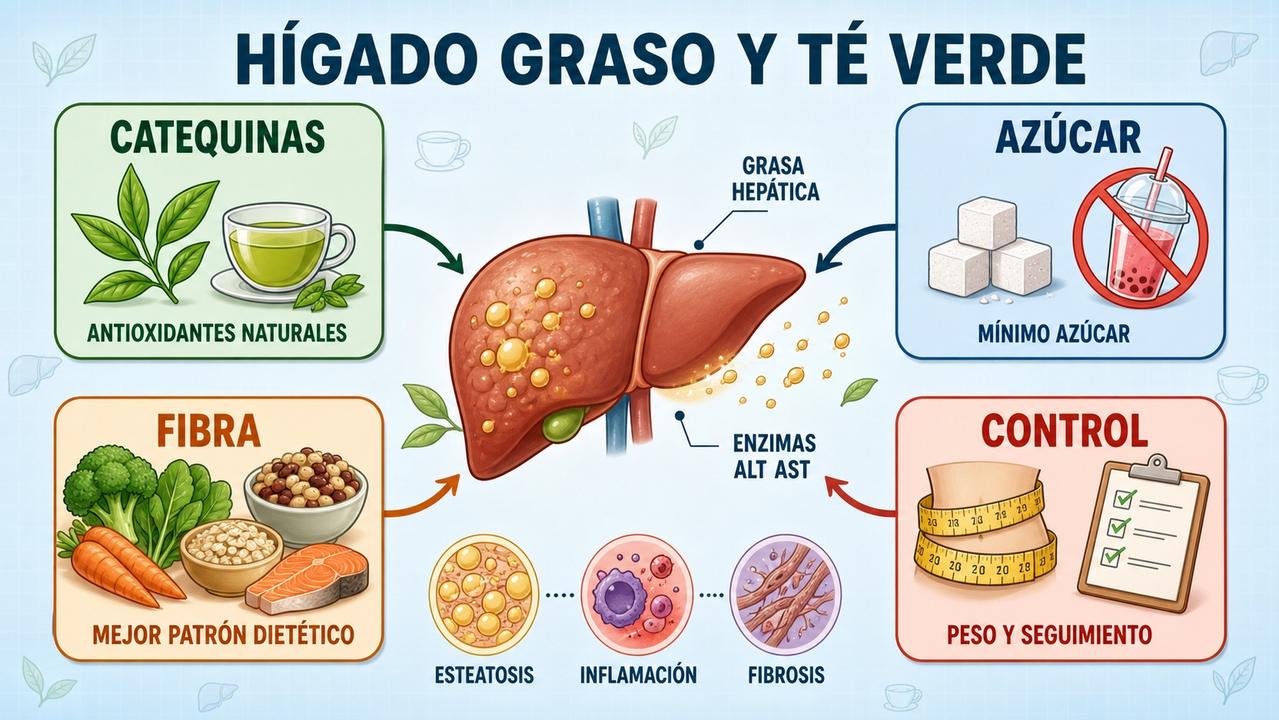 Catequinas, menos azúcar, más fibra y control metabólico para el hígado graso.